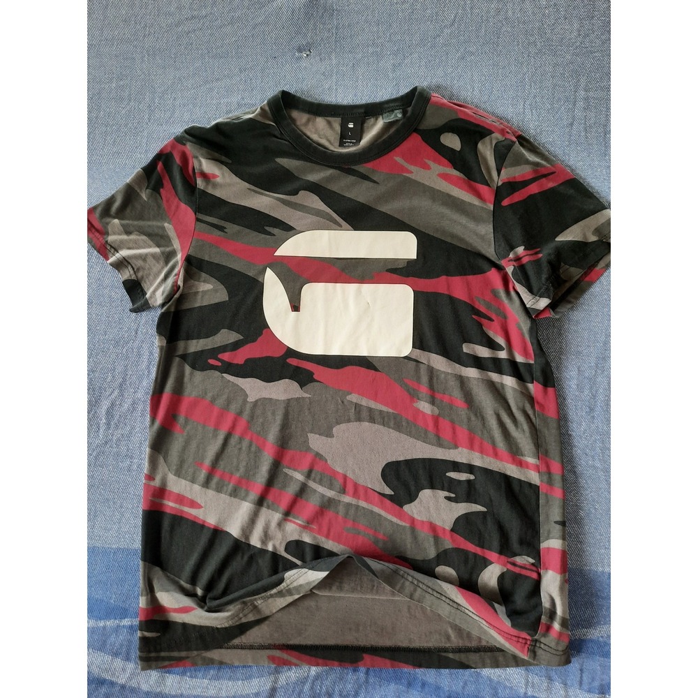 G-Star Raw Mens Large Camo Logo T-Shirt Red Grey Black Tiger Camouflage Tee